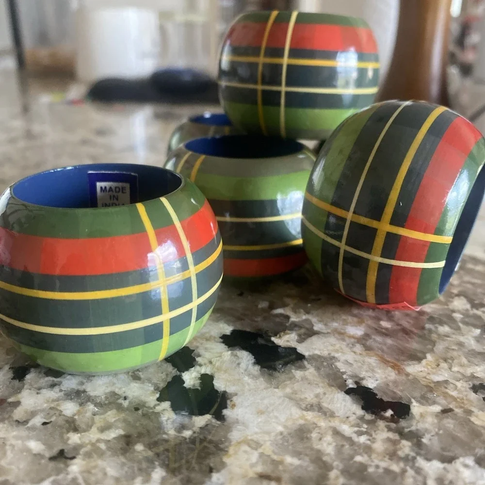 Set‎ of 6 Green Tartain Plaid Napkin Rings Made in India Christmas Cabin